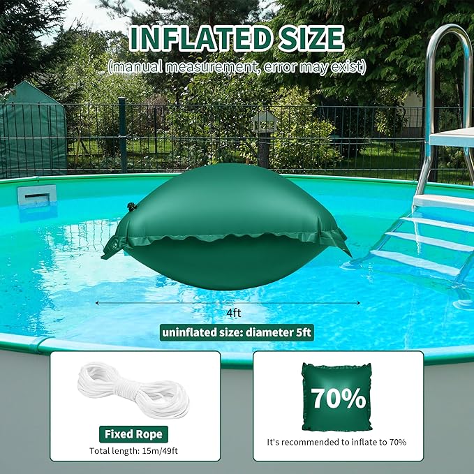 3 Pack Pool Pillow for Above Ground Pools, 4x4 Ft Air Pillow for Closing Winter Winterizing Kit, 0.5mm PVC Material, 2X 16.5Ft Rope (Green)
