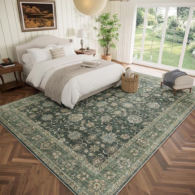 Washable 10x14 Area Rugs for Living Room, Boho Non-Slip Silicone Backing Rugs for Bedroom Dining Room Office, 0.3" Neutral Oriental Throw Carpet with 0.16" Cushioning Pad, Sage Green/Multi
