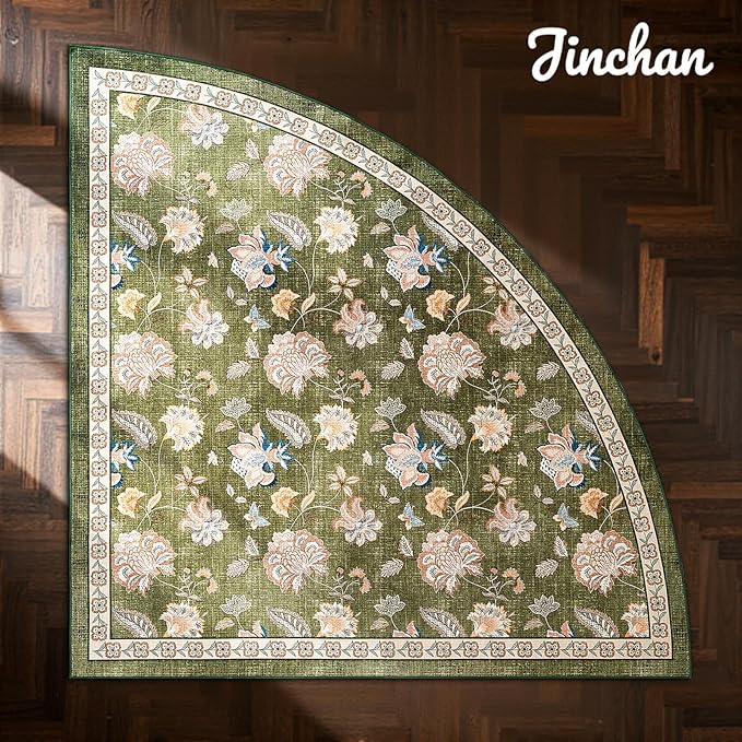 jinchan Floral Corner Rug for Living Room Washable Bedroom Rug Vintage Romance Design Non Slip Quarter Circle Lightweight Low-Pile Throw Carpet for Reading Nook Playroom,7ft Radius, Green