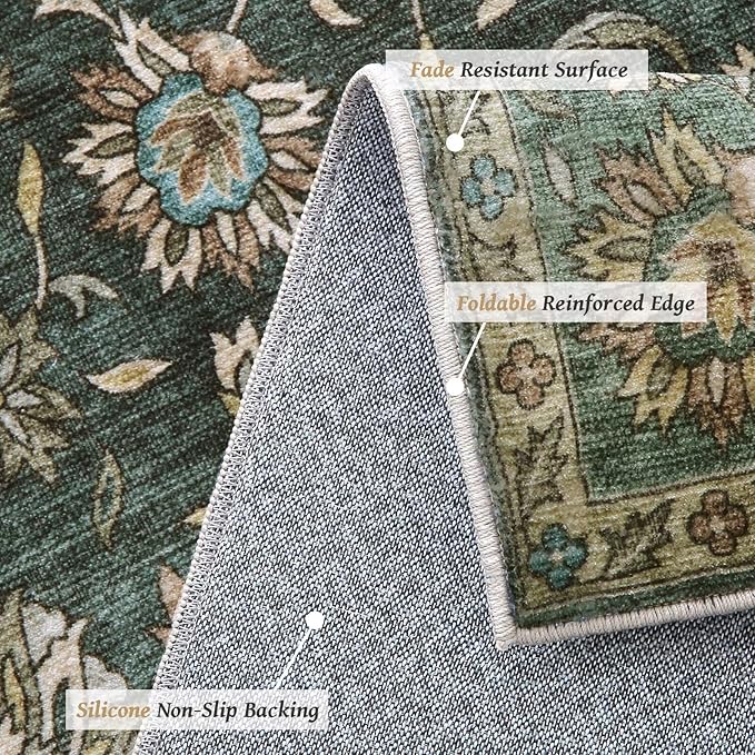 Washable 8x10 Area Rugs for Living Room, Boho Non-Slip Silicone Backing Rugs for Bedroom Dining Room Nursery Office, 0.3" Neutral Oriental Throw Carpet with 0.16" Cushioning Pad, Sage Green/Multi