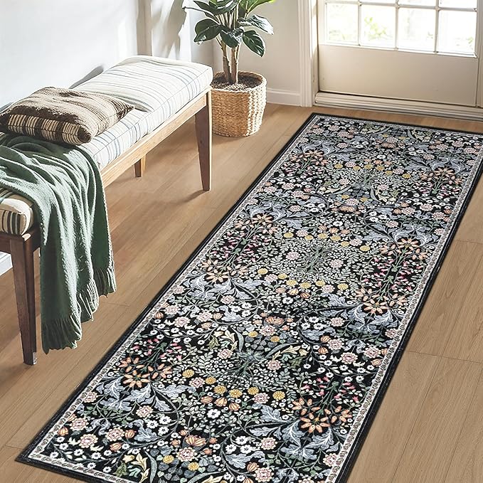 Runner Rug for Entryway: 2.6x8 Kitchen Rugs Non Slip Washable Ultra-Thin Soft Floral Carpet Indoor Stain Resistant Carpets for Hallway Bedroom Kitchen Laundry Bathroom Dorm Dark Black
