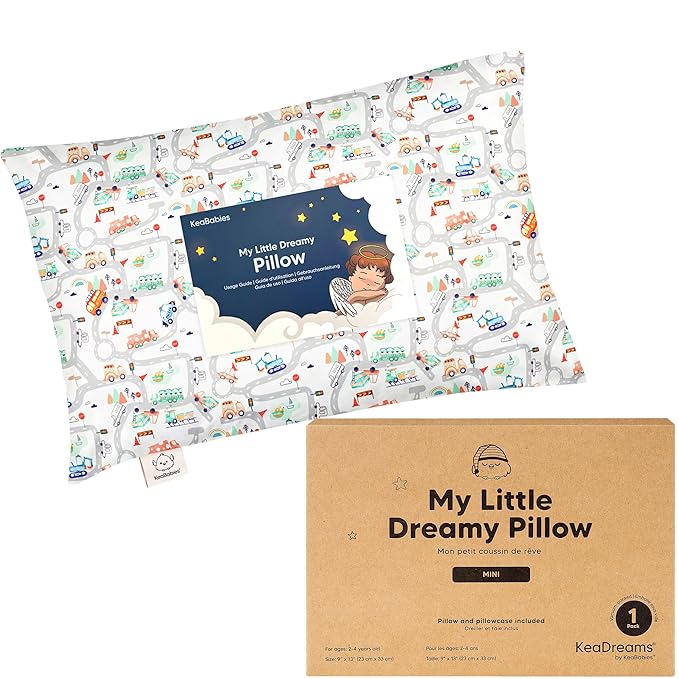 Mini Toddler Pillow with Pillowcase - 9x13 My Little Dreamy Travel Kids Pillow for Sleeping, Toddler Bed, Small, Tiny, Organic Cotton Pillowcase, Soft & Breathable, Kids 2-4 Years Old (Roadway)