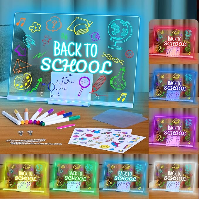 LED Drawing Board, 11.9"X8", Acrylic Note Board with Colors, Include LED Light Up Writing Pad 4 Modes & 7 Colors, 8 Markers, Stand, Hanging Chain, 2 Gel Clings, Holiday Gift