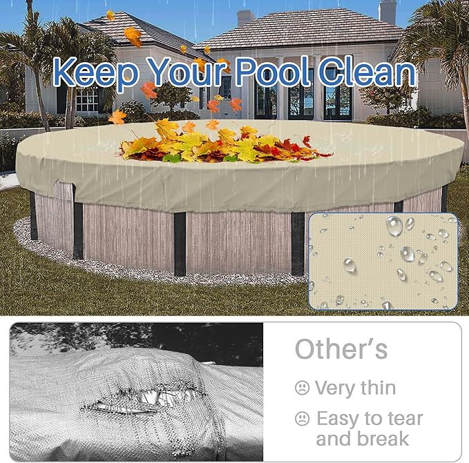 ECOOPTS 13 ft Waterproof Round Polyester Pool Cover for Above Ground Pools, Swimming Pool Cover Protector Winter Safety Cover (Beige)