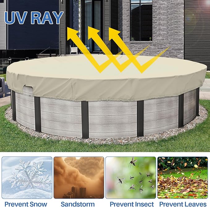 ECOOPTS 13 ft Waterproof Round Polyester Pool Cover for Above Ground Pools, Swimming Pool Cover Protector Winter Safety Cover (Beige)