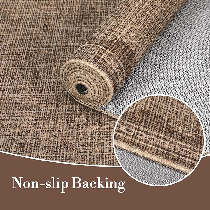 Scalloped Washable Rug 9x12 Area Rugs for Living Room, Solid Tan Rug for Bedroom Girls, Non Slip Throw Mat with Rubber Back, Soft Dorm Nursery 9x12 Carpet for Dining Room