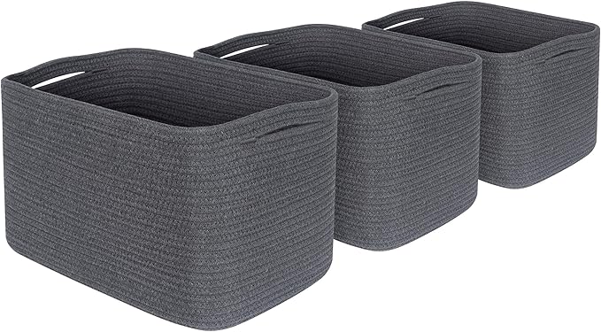 MINTWOOD Design 3-Pack Decorative Woven Storage Baskets for Shelves, Cube Bin Box for Organizing Books, Shoes, Dog Toys, Pantry Closet and Living Room Organizer, Charcoal Gray