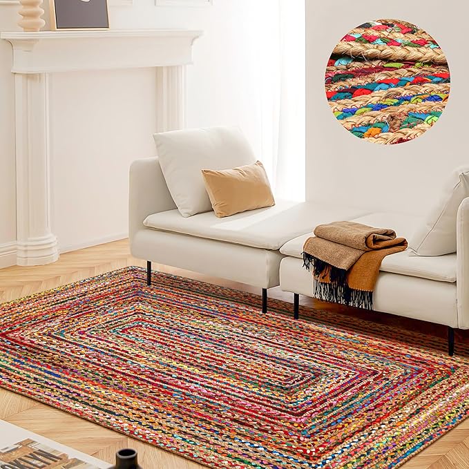 4'x6' Handwoven Jute Chindi Area Rug - Colorful Boho Rugs for Living Room - Hand Braided Multicolor Bohemian Rug for Farmhouse, Bedroom, Dining Room, Classroom, Hallway, Kitchen, Office