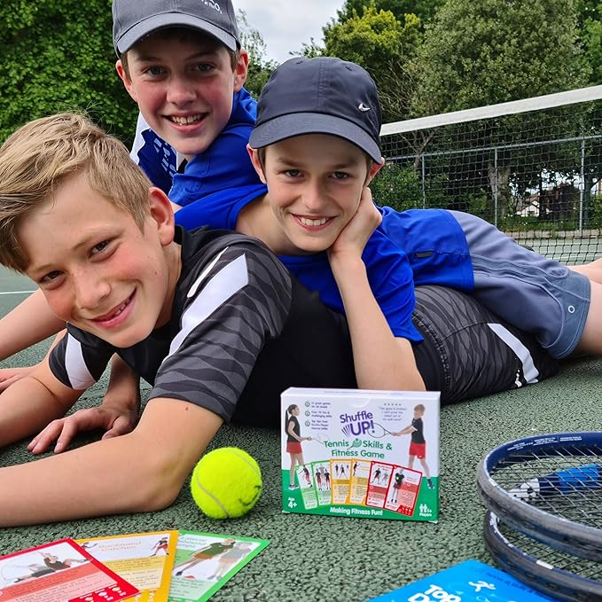 Shuffle Up Tennis Card Games - 70+ Fun & Active Skills Cards for Kids, Fitness Cards Develop Fundamentals, Stamina & Strength, Easy to Play for Kids | Multiple Skill Level Cards Include 2 Dices