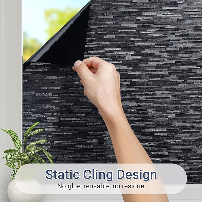 Haton Blackout Window Film, Black Out Window Cover, Sun Light Blocking Frosted Privacy for Glass Door, Heat Control Room Darkening Tint for Home Day Sleep, Non-Adhesive, Black 17.5" x 78.7"