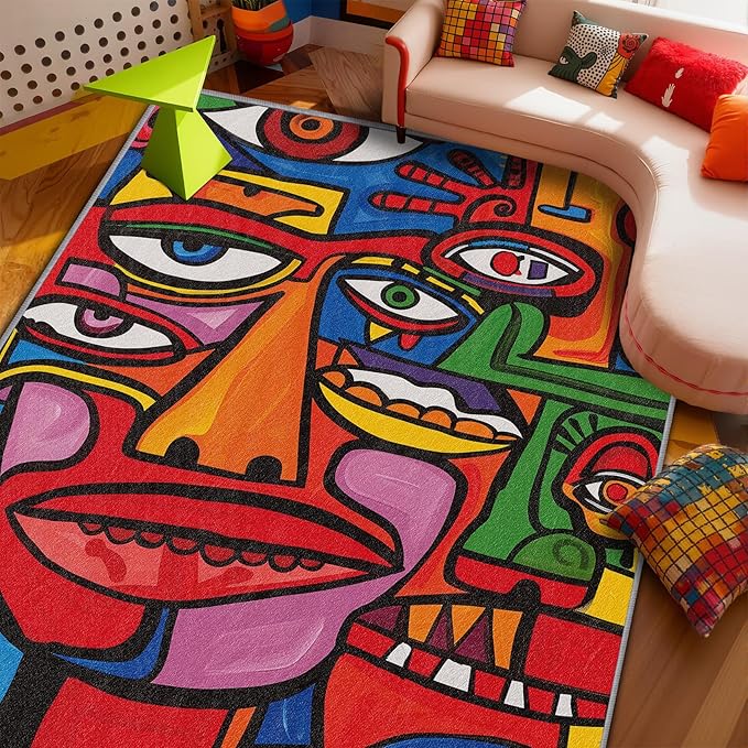 Abstract Rugs for Bedroom - 2x3 Rug - Abstract Rug - Colorful Graffiti Area Rug - Modern Geometric Pop Art Rugs - Multicolor Artistic Carpet - Home Decor