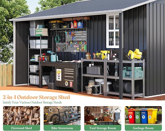 AMERLIFE 10.6x6.8x6.3 FT Galvanized Metal Storage Shed with Open Firewood Bay, Sliding Doors & Ramp, 2 Windows & Vents, Weather-Resistant Outdoor Tool/Garden Shed, Dark Gray