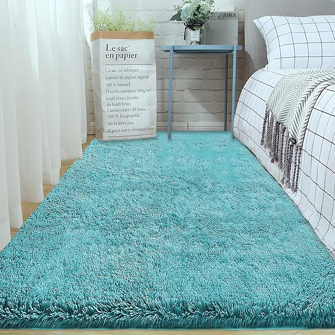 2x6 Runner Rug for Bedroom: Fluffy Shag Soft Washable Rugs Small Fuzzy Plush Indoor Carpet for Hallway Bedside Dorm Kids Girls Boys Room (Teal Blue, 2'x6')