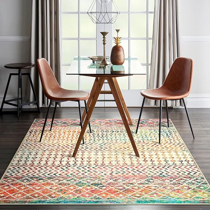 Moroccan Living Room Rugs, 5x7 Soft Bohemian Distressed Non-Slip Large Rug, Low Pile Washable Farmhouse Rug Indoor Floor Carpet for Bedroom Under Dining Table Home Office Decor