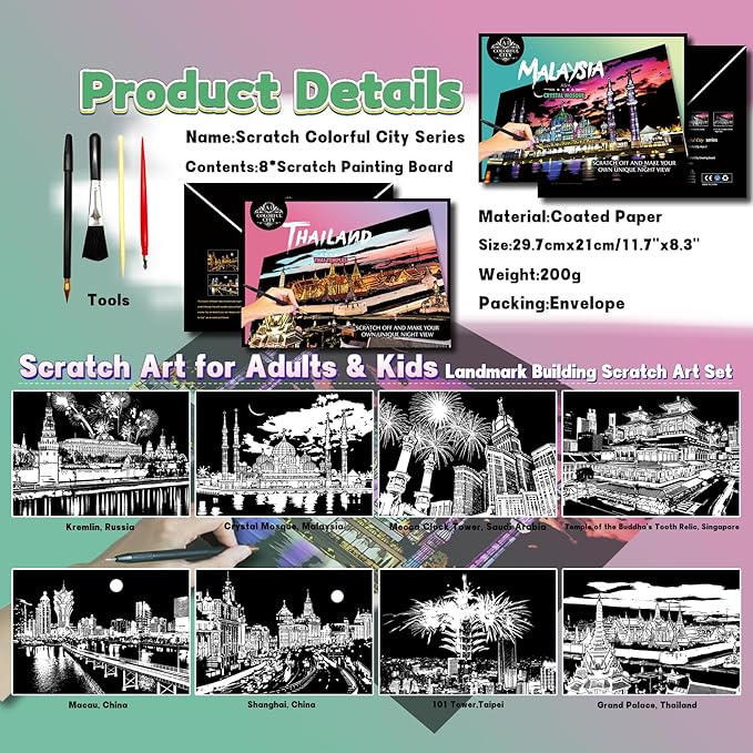 Scratch Art Painting Kit for Adults-8 Sheets A4 Rainbow Scratch Painting Paper Craft Set with City Landmarks|Stress Relief Gift for Travel&Craft Lovers|Scratch Art Home Decor(Asian Series)
