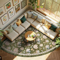 jinchan Floral Corner Rug for Living Room Washable Bedroom Rug Vintage Romance Design Non Slip Quarter Circle Lightweight Low-Pile Throw Carpet for Reading Nook Playroom,8ft Radius, Green