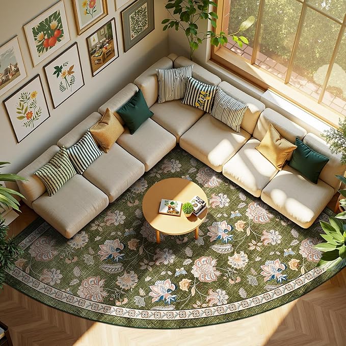 jinchan Floral Corner Rug for Living Room Washable Bedroom Rug Vintage Romance Design Non Slip Quarter Circle Lightweight Low-Pile Throw Carpet for Reading Nook Playroom,8ft Radius, Green