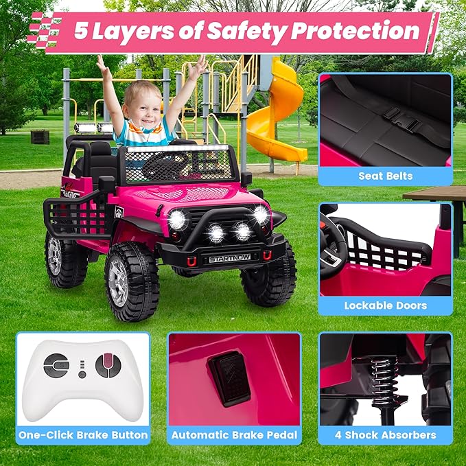 24V 4WD Ride on Truck Car w/800W Motors, Gift Flower, Remote Control, 2 Seaters, Light Bar, 3 Speeds, Pop Music, Power Four Wheels, 24 Volt Ride on Toy Car for Big Kids, Rose Red