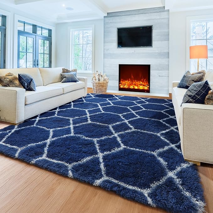 ONASAR Area Rugs for Bedroom Living Room, Washable 4x6 Fluffy Navy Blue and White Throw Rug for Home Decor, Geometric Soft Shaggy Plush Floor Carpet for Kids Girls Boys Teen Nursery Dorm Office