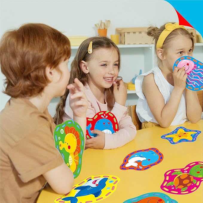 9 Pieces Kids Lacing Cards, Double Sided Sewing Cards in 9 Marine Animal Cards with 9 Colorful Laces, Imagination Development Lacing Toys Games for Children Educational and Learning Activity