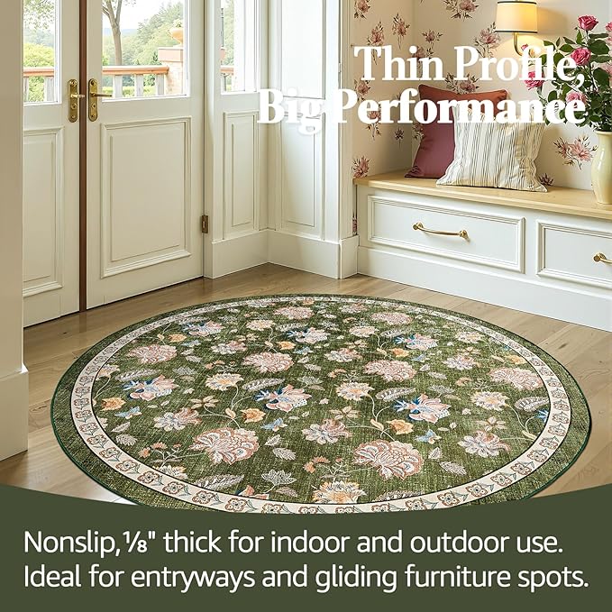 jinchan 5ft Floral Round Rug for Entryway Washable Kitchen Rug Vintage Romance Design Non Slip Indoor Doormat Lightweight Low-Profile Throw Carpet for Living Room Dining Room Bedroom, Green
