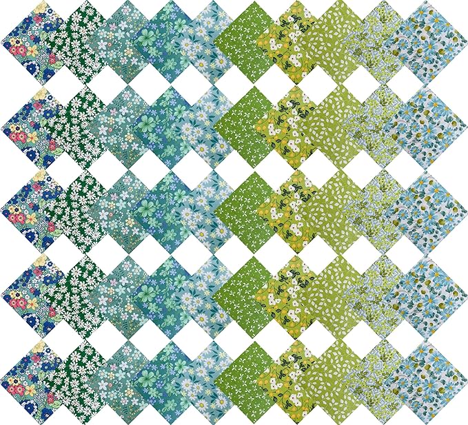 HANPATQUI 50PCS 5 x 5 inch Green Printed 100% Cotton Fat Quarters Fabric for Sewing and Quilting Bundles Precut Fabric Square for DIY Craft Patchwork