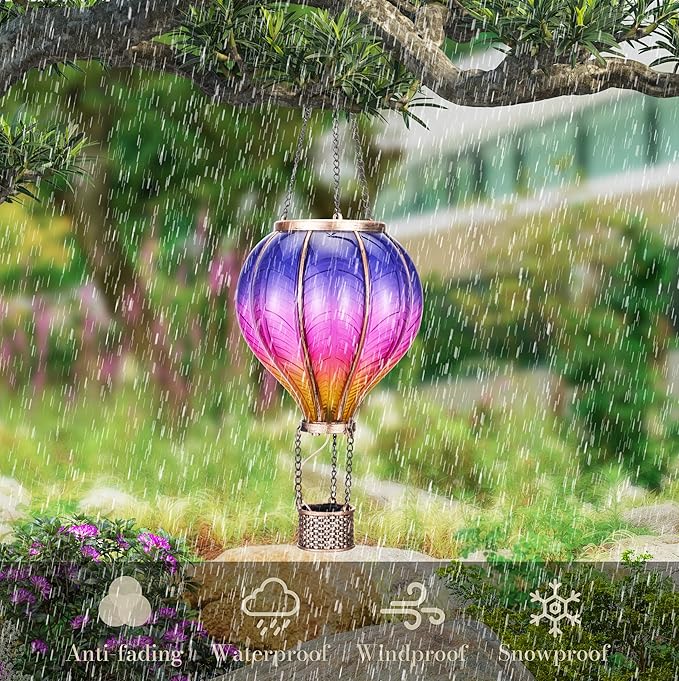 TERESA'S COLLECTIONS 2 Pack Hanging Solar Lantern Outdoor Garden Decor for Valentine ,Waterproof Plastic Hot Air Balloon Purple Flickering Flame Effect Lantern for Yard Tree Gift for Mom,18"