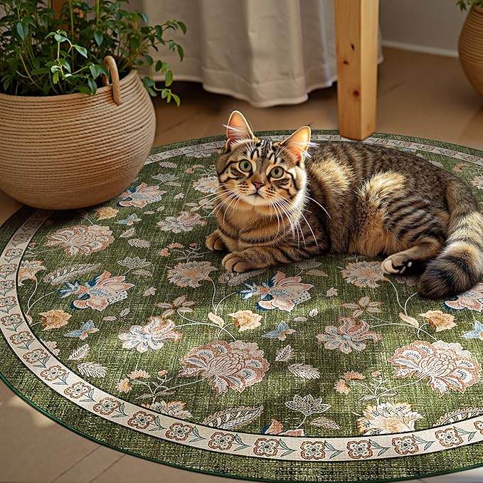 jinchan 6ft Floral Round Rug for Dining Room Washable Living Room Rug Vintage Romance Design Non Slip Indoor Floor Cover Lightweight Low-Profile Throw Carpet for Bedroom Porch Patio, Green