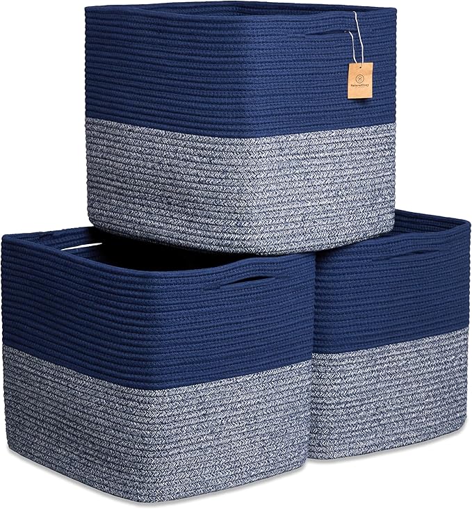NaturalCozy 13x15x13 Kallax Storage Cubes Bins, 3 Pack | Cotton Rope Cube Storage Bin Woven Baskets for Organizing | Kallax Insert Storage Baskets for Shelves Organizer, Kids Toy, Closet Baby Nursery