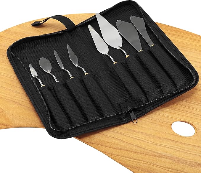 Creative Mark Stainless Steel Palette Knife Painting Tools - Paint Palette with Wooden Handle - Variety of Shapes and Sizes - Set of 8 w/Case, Set
