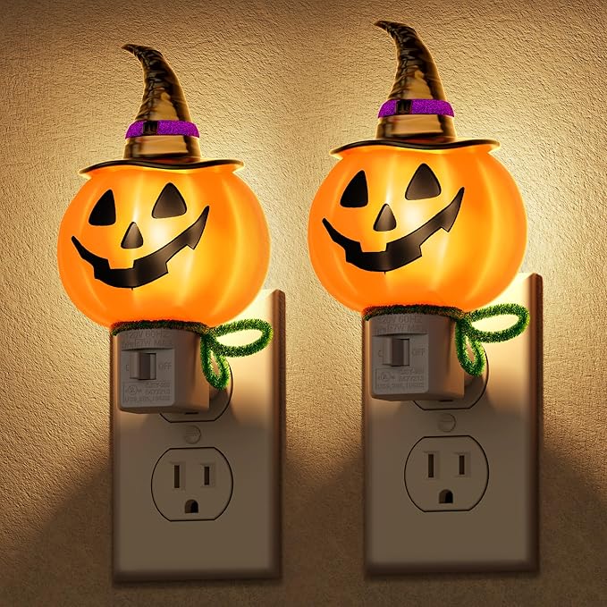 DORESshop Pumpkin Night Light, 3000K Night Lights Plug into Wall,Cute & Funny Halloween Decor Night Light for Kids,Plug in Nightlight with 360° Rotatable, Halloween Party Pumpkin Decor,2 Pack