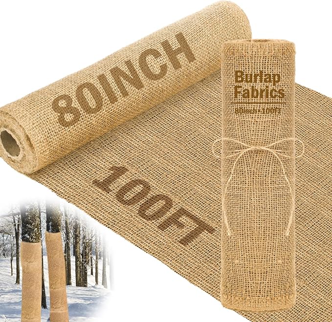 Buryeah Burlap Fabrics Roll Natural Jute Burlap Tree Wraps Protector Winter Frost Plant Blankets Cloth Weed Barrier Fabric Garden Plants for Winter Outdoor Trees Shrubs Party(80 Inch X 100 ft)