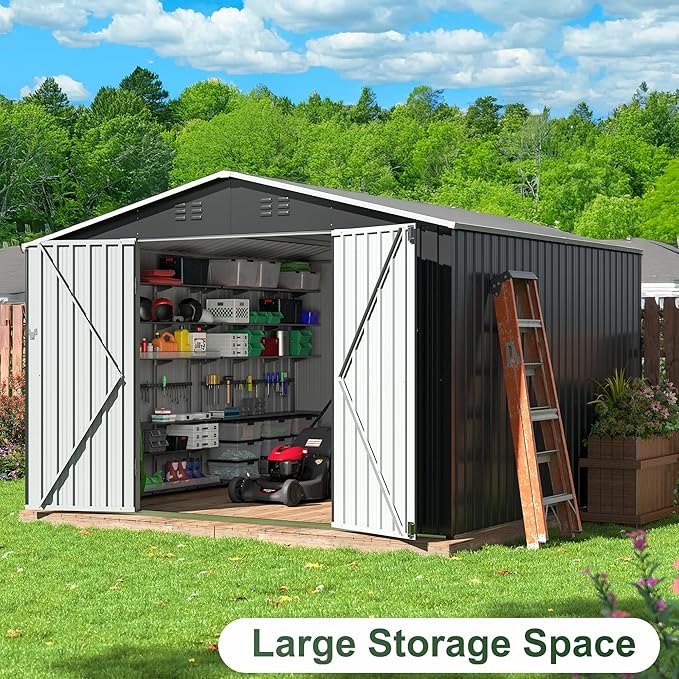 WKM 10x10 FT Outdoor Storage Shed, Utility Metal Tool Storage with Lockable Doors and Updated Frame Structure, Metal Garden Shed for Backyard, Patio Lawn, Black
