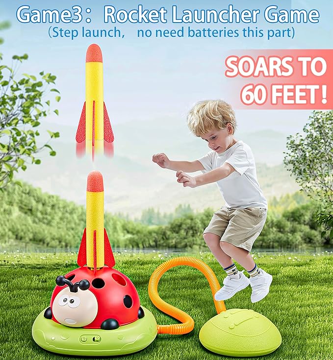 Powza 3 in 1 Musical Jump, Toss Ring Game and Stomping Launch Rocket Launcher for Kids Outdoor Toys with Remote Control, Indoor Outside Toy for Kids Ages 4-8 Toys for Ages 5-7 8-13 Birthday Gifts