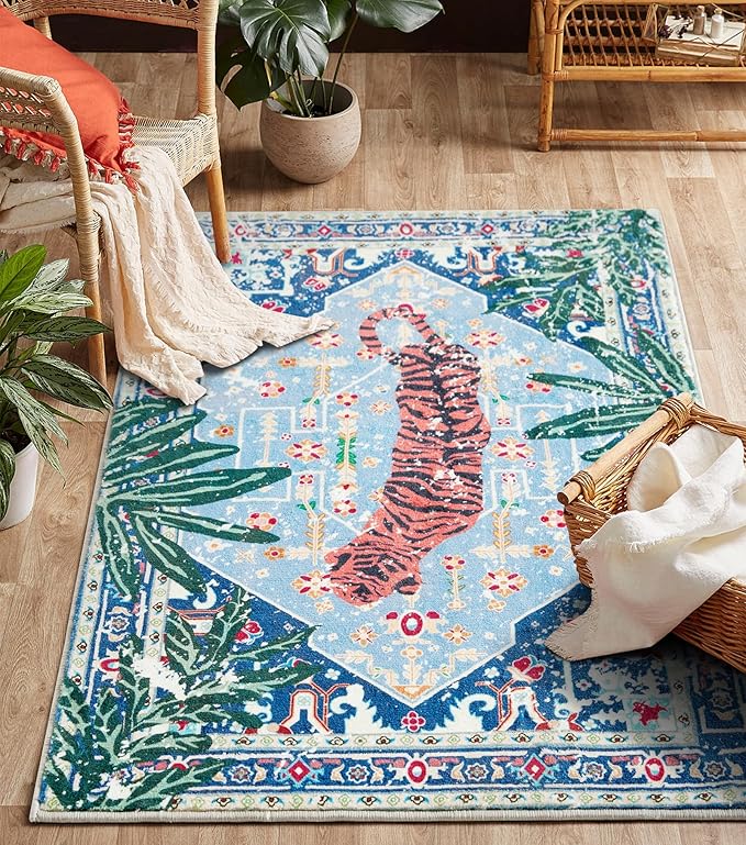 Washable Blue Rugs Thin Oriental Boho Vintage Tropical Jungle 8x10 Area Rugs for Bedroom Kitchen Dining Living Room Office Distressed Indoor Large Carpet