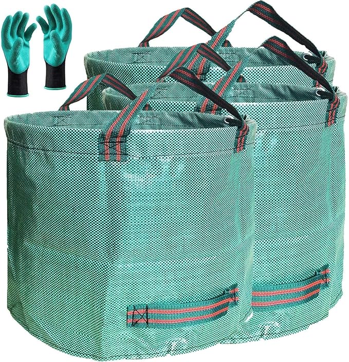 Professional 3-Pack 106 Gallons Lawn Garden Bags (D31, H31 inches) Reusable Yard Leaf Waste Bags with Coated Gardening Gloves - Storage Bag,Patio Bag,Laundry Container,Trash Can with 4 Handles