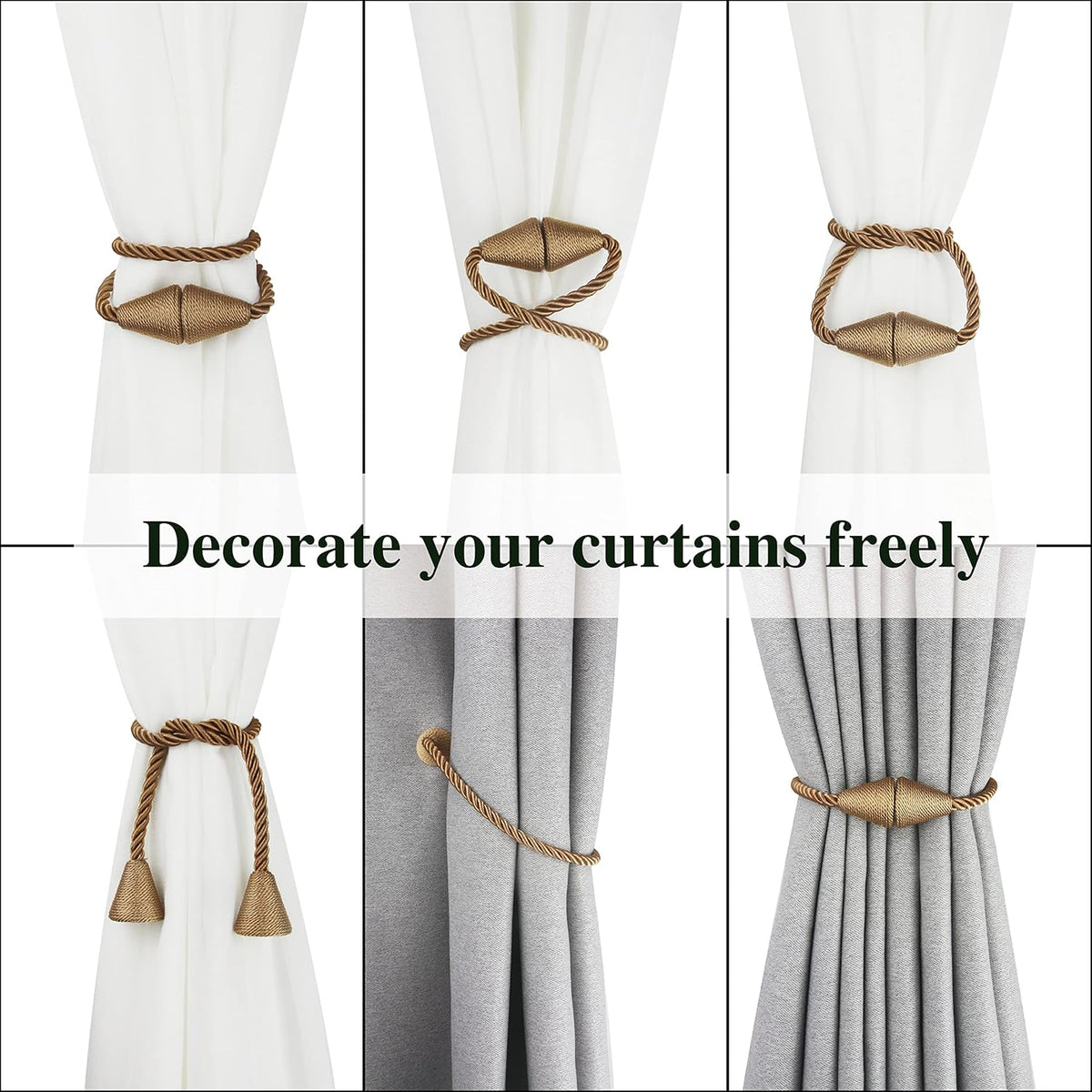 6 Pack Magnetic Curtain Tiebacks Rope Modern Handmade Curtain Tie Backs Decorative Drapes Weave Holdbacks for Window Décor, Khaki