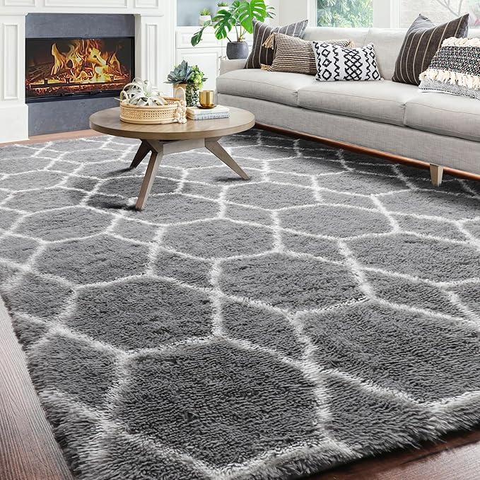 ONASAR 8x10 Area Rugs for Living Room, Fluffy Grey and White Bedroom Rug, Washable Geometric Boho Large Soft Plush Shaggy Fuzzy Floor Carpet for Nursery Kids Classroom Playroom Dorm Home Decor