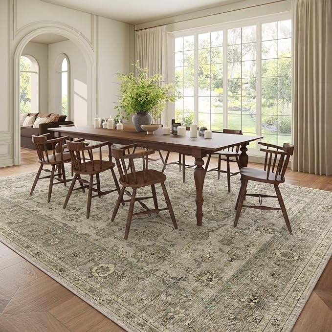 Washable 10x14 Area Rugs for Living Room, Boho Non-Slip Silicone Backing Rugs for Bedroom Dining Room Office, 0.3" Neutral Oriental Throw Carpet with 0.16" Cushioning Pad, Light Brown/Multi