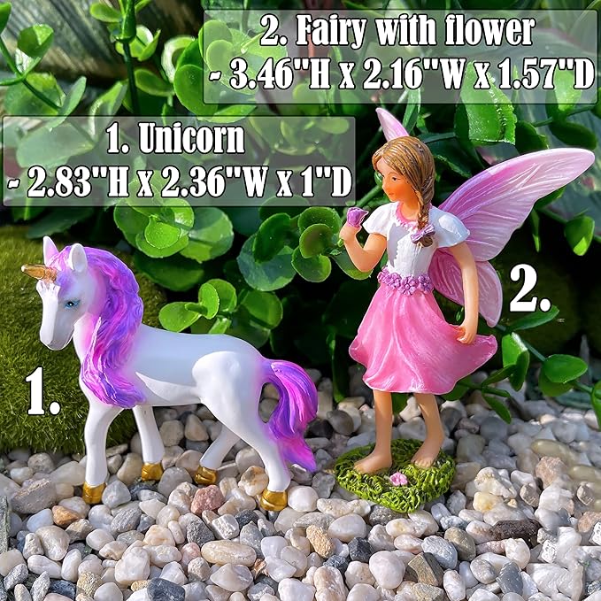 Mood Lab Fairy Garden - Fairy with Unicorn Set of 2 pcs - Miniature Figurines Statue Kit - Outdoor or House Decor