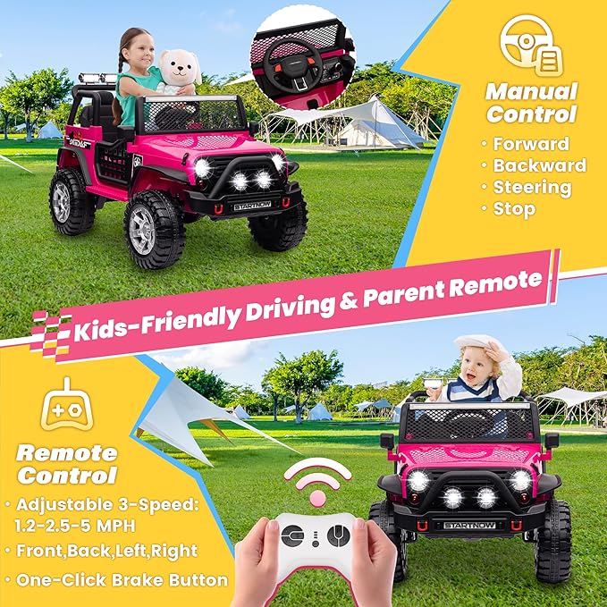 24V 4WD Ride on Truck Car w/800W Motors, Gift Flower, Remote Control, 2 Seaters, Light Bar, 3 Speeds, Pop Music, Power Four Wheels, 24 Volt Ride on Toy Car for Big Kids, Rose Red