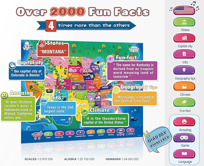 Bilingual Interactive for Kids Talking USA Map Dinosaur Poster for Kids Learning and Educational Toys,Talking Educational Dinosaur Toy for Ages 3 to 12 Years Old,Learning Chart for Preschool/Gift