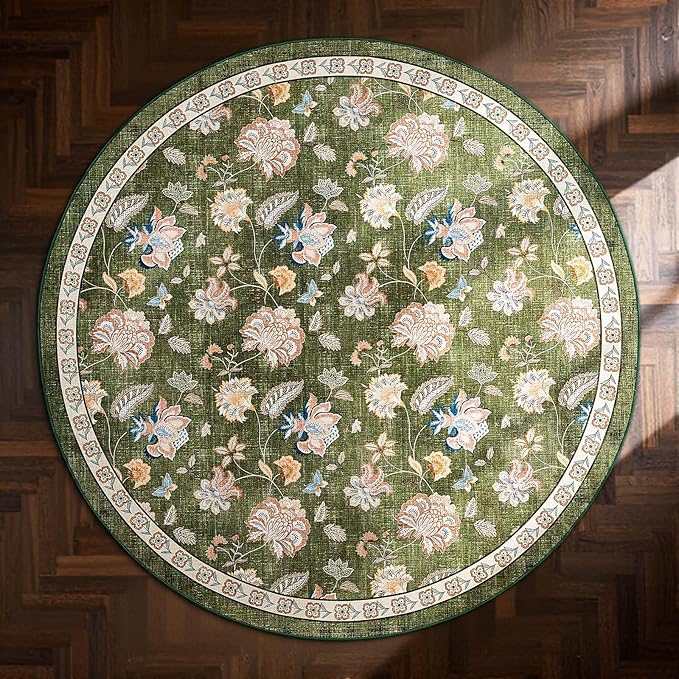 jinchan 7ft Floral Round Rug for Dining Room Washable Living Room Rug Vintage Romance Design Non Slip Indoor Floor Cover Lightweight Low-Profile Throw Carpet for Bedroom Porch Patio, Green