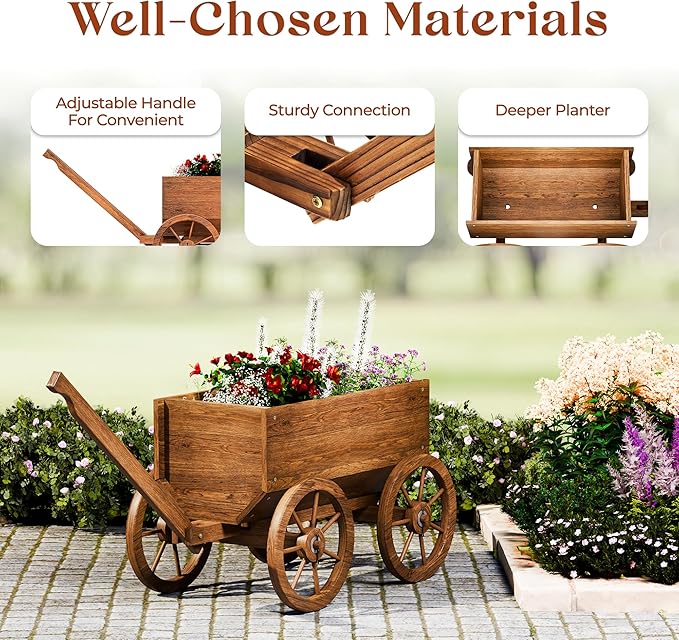 Wood Wagon Planter for Outdoor Balcony Decor - Garden Rustic Wooden Flower Cart with Wheels for Outside - Garden Decor - Amish Decorative Indoor - Wheelbarrow Planter for Patio