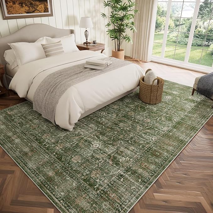 Washable 8x10 Area Rugs for Living Room, Boho Non-Slip Silicone Backing Rugs for Bedroom Dining Room Nursery Office, 0.3" Neutral Oriental Throw Carpet with 0.16" Cushioning Pad, Grass Green/Multi