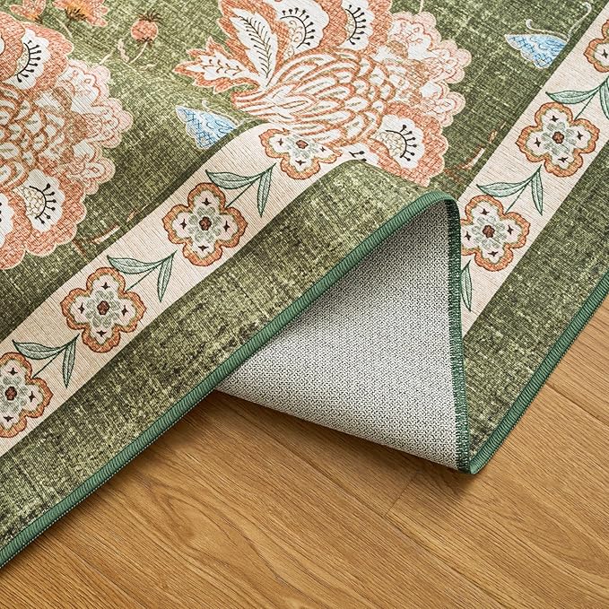 jinchan 3x8 Floral Runner Rug for Hallway Washable Kitchen Runner Vintage Romance Design Non Slip Thin Indoor Floor Cover Low-Profile Throw Carpet for Entryway Bathroom Bedroom Porch, Green