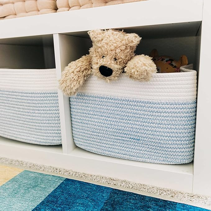 OrganiHaus Set of 3 Blue Woven Baskets for Storage, Cotton Rope Basket for Decor, Shoe Basket Organizers & Storage, Decorative Storage Baskets & Bins, Cute Storage Basket for Toys & Cloths