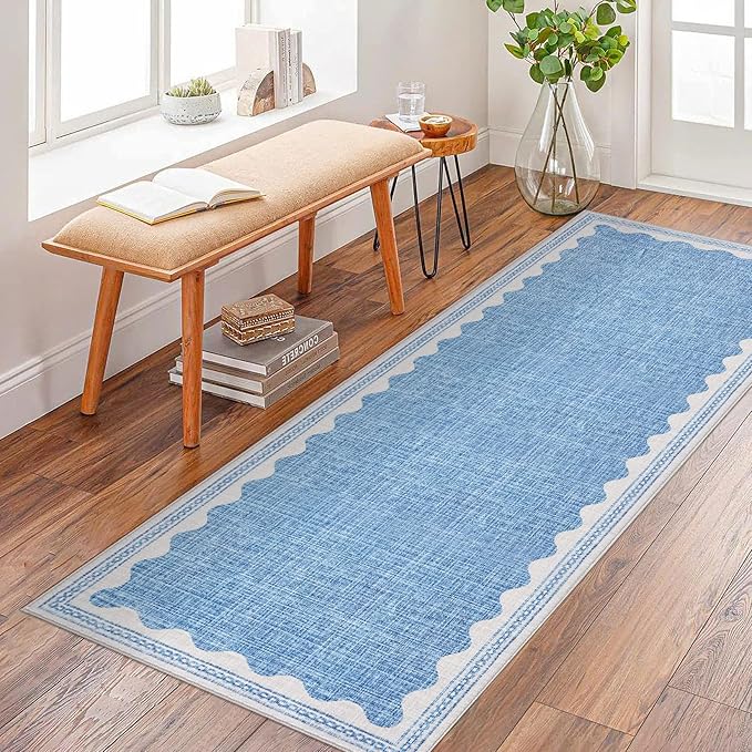 Scalloped Rug 2x6 Runners for Hallways, Solid Blue Runner Rug Non Slip Scalloped Bath Runner, Washable Rugs for Bedroom Girls, Rugs for Kitchen Floor Soft Dorm Nursery Carpet for Bedside