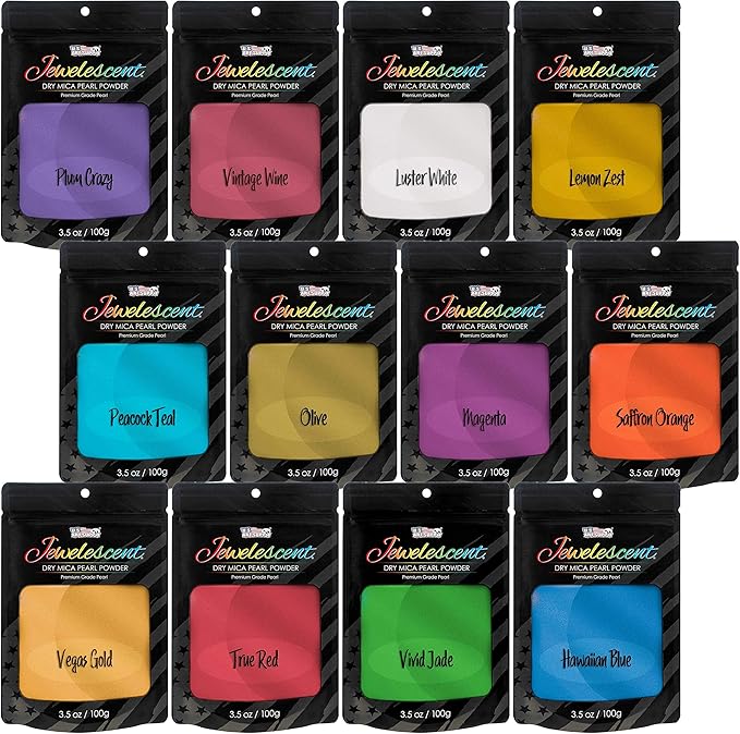 U.S. Art Supply Jewelescent Mica Pearl Pigment Powder Kit, 12 Deluxe Colors, 3.5 oz (100g) Pouches - Cosmetic Grade, Epoxy Resin Color Pigment, Mica Powder for Resin, Soap, Slime, Candle Dye, Art