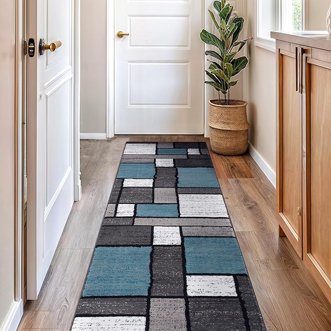 Rugshop Contemporary Modern Boxes for Home Office,Living Room,Bedroom,Kitchen Non Shedding Runner Rug 2'7" x 8' Blue